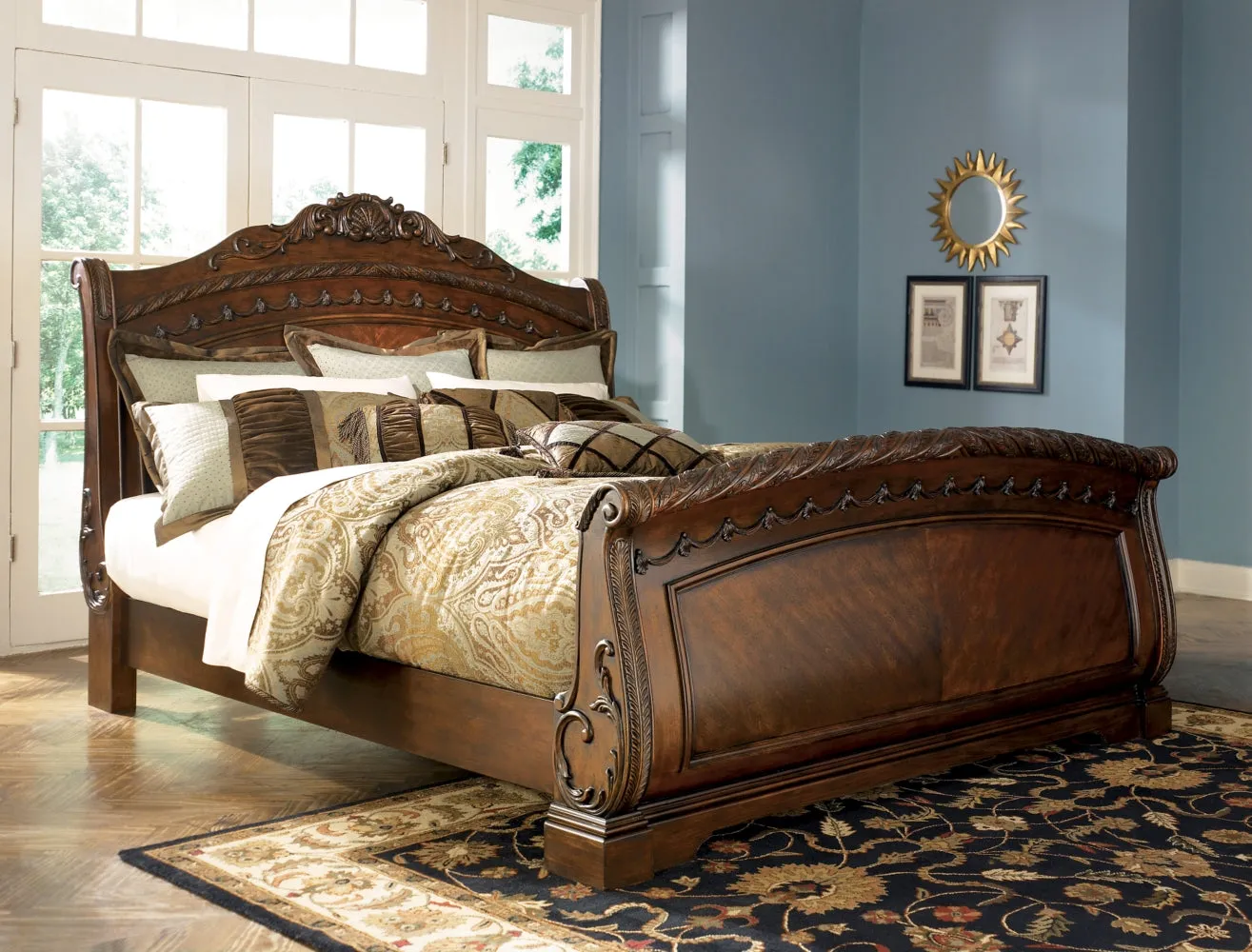 North Shore Queen Sleigh Bed with Mirrored Dresser and 2 Nightstands