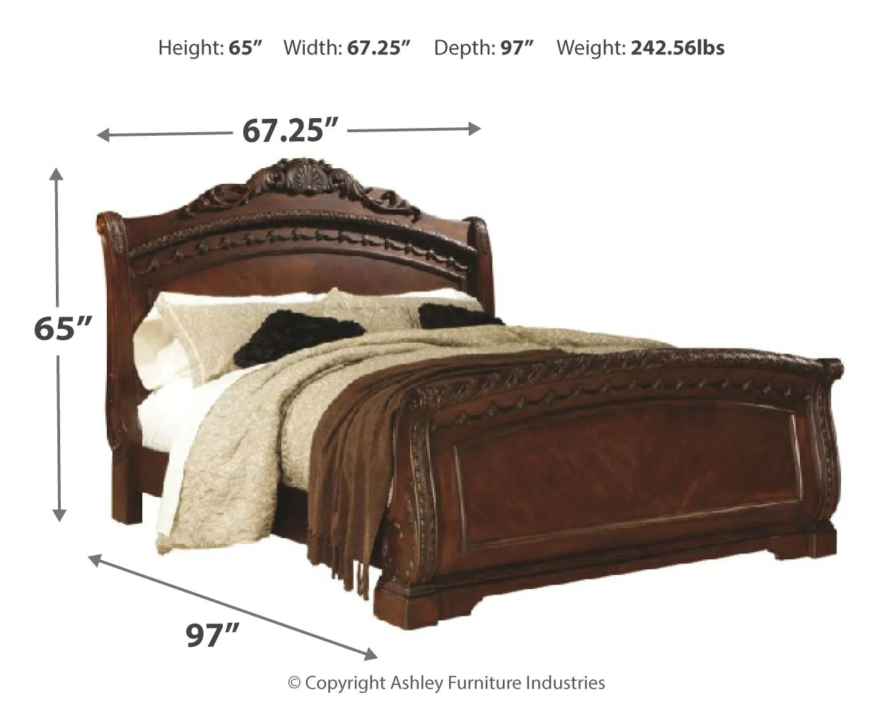 North Shore Queen Sleigh Bed with Mirrored Dresser and 2 Nightstands
