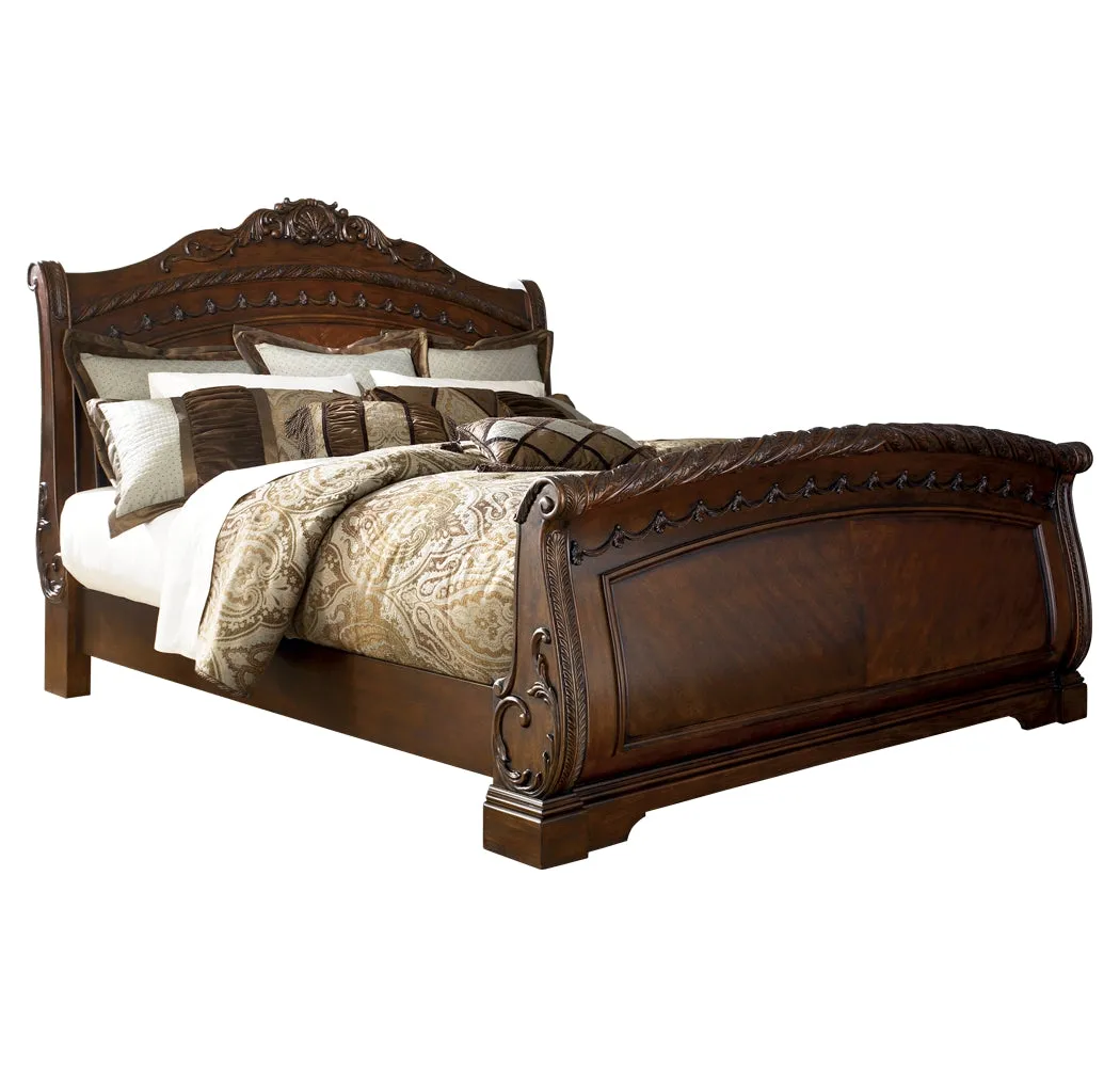 North Shore Queen Sleigh Bed with Mirrored Dresser and 2 Nightstands