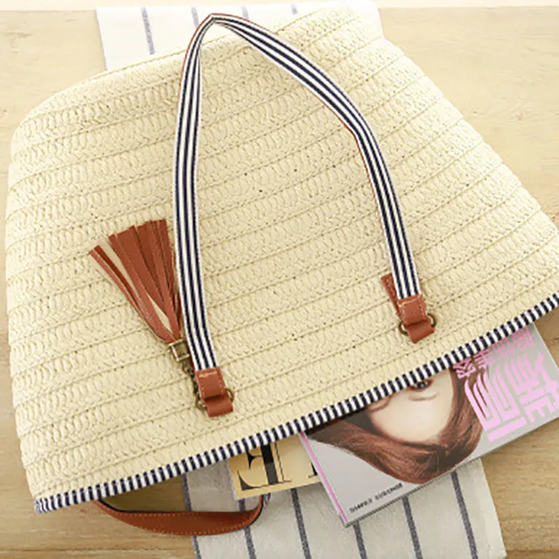 Paziye Straw Tassels Tote Bag Summer Handwoven