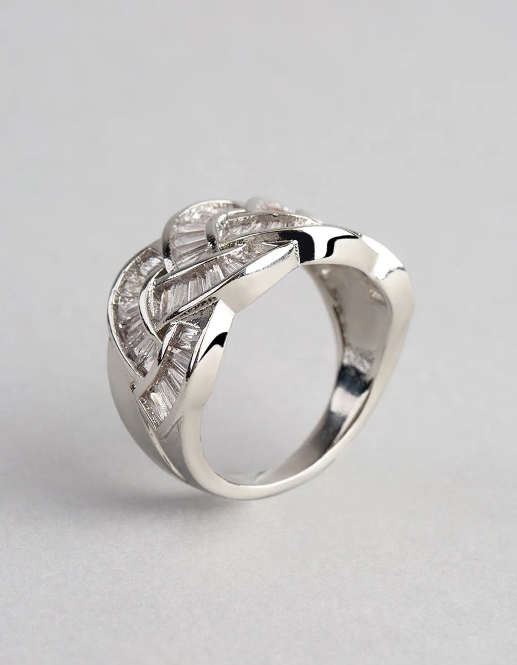 Rhodium Cubic Zirconia Baguette Stone Plaited Ring