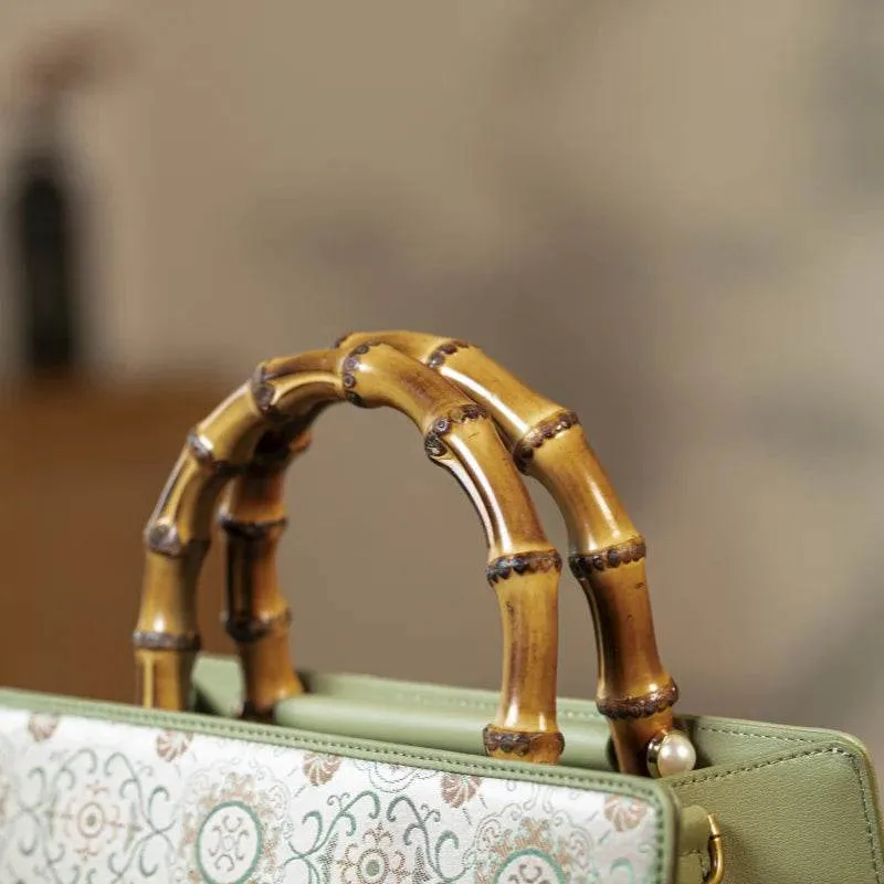 Song Brocade Retro Bamboo Handle Tote Bag Round Flower Handbag