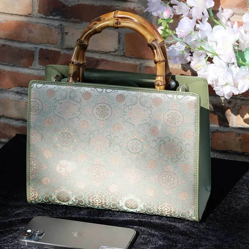 Song Brocade Retro Bamboo Handle Tote Bag Round Flower Handbag