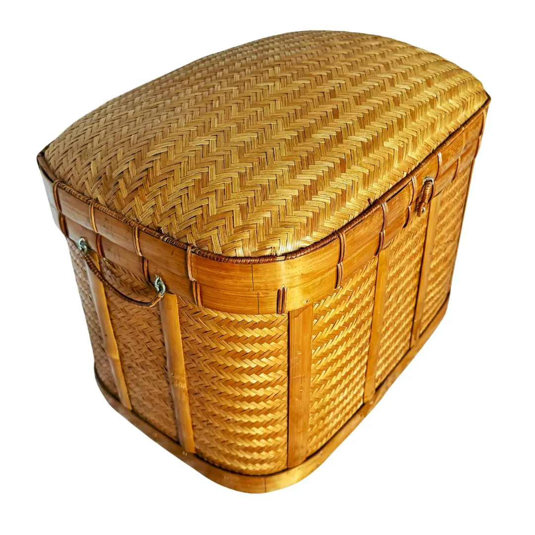 Vintage Chinoiserie Herringbone Lidded Basket