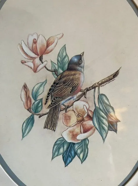 Vintage Pair Antique Oval Framed Bird & Flower Botanical Prints