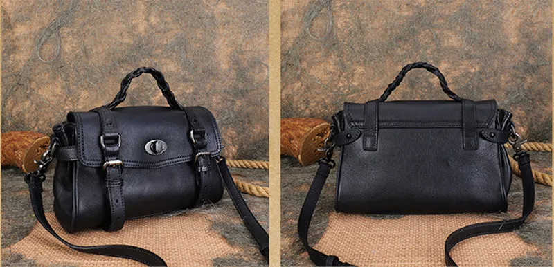 Vintage Womens Black Handbag genuine leather over the shoulder purse for women