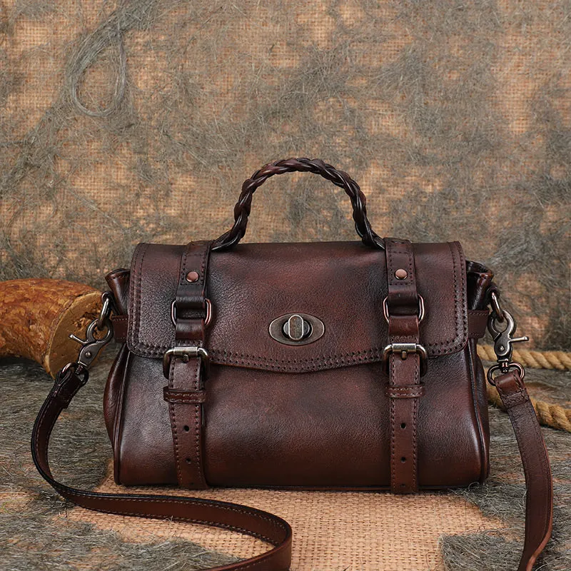 Vintage Womens Black Handbag genuine leather over the shoulder purse for women