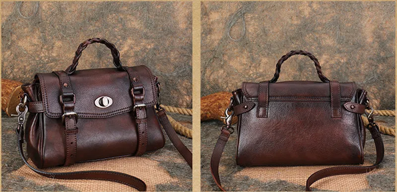 Vintage Womens Black Handbag genuine leather over the shoulder purse for women
