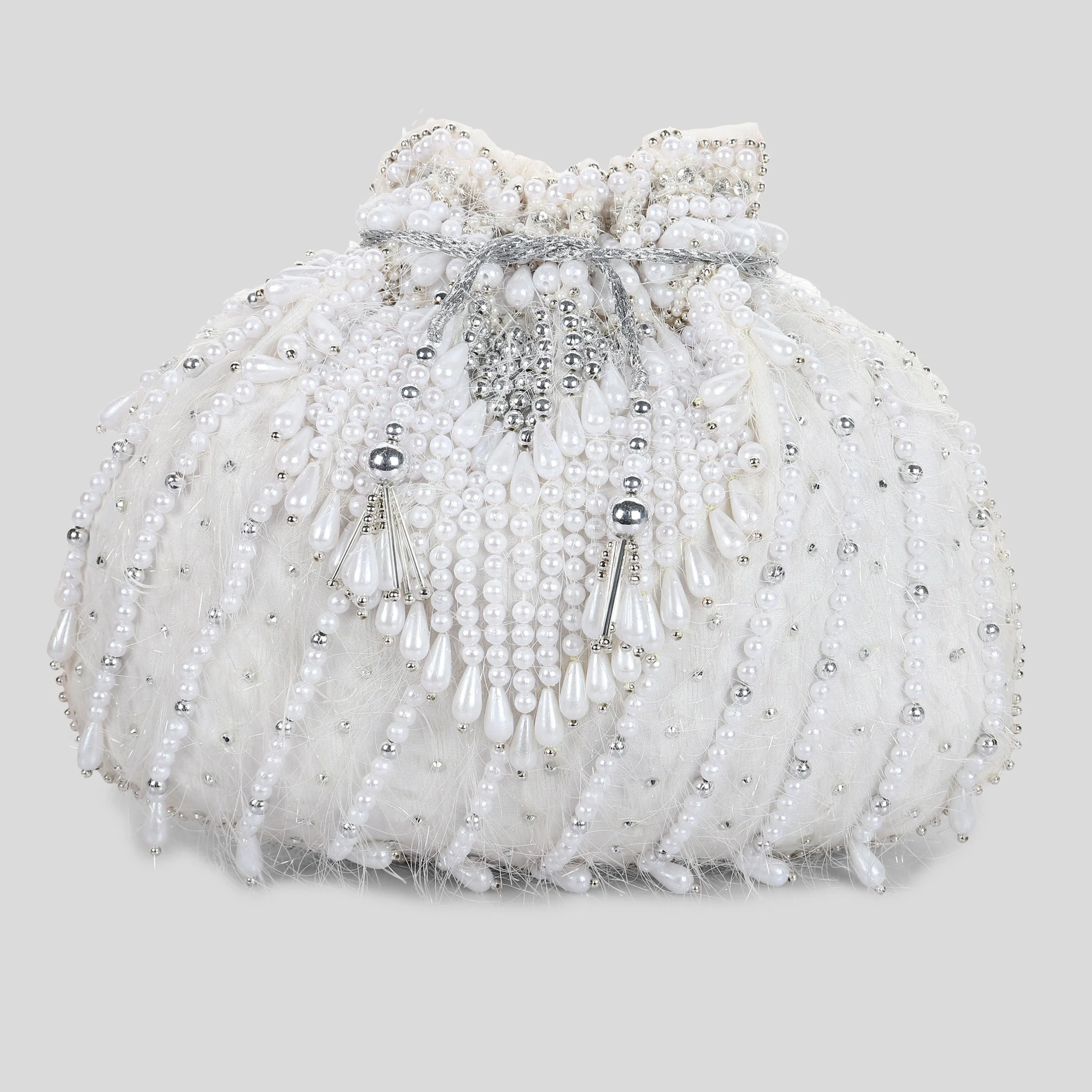 White Potli Bag, Designer Bag, Hand embroidered and Embellished with Pearls