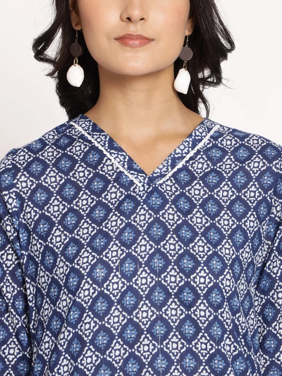 Women Indigo Blue Ornamental Printed Kurta