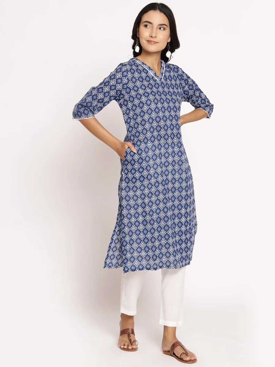 Women Indigo Blue Ornamental Printed Kurta