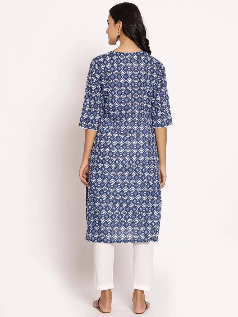 Women Indigo Blue Ornamental Printed Kurta
