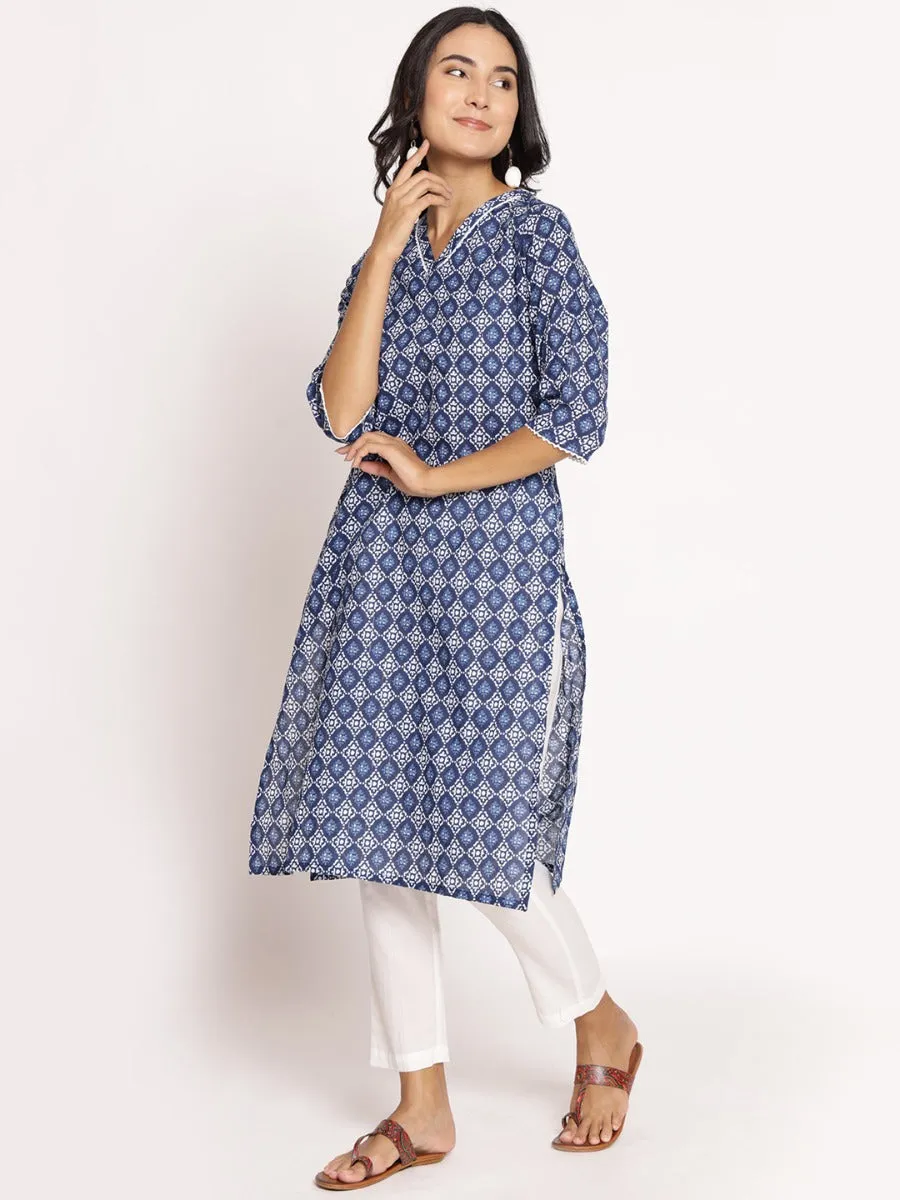Women Indigo Blue Ornamental Printed Kurta