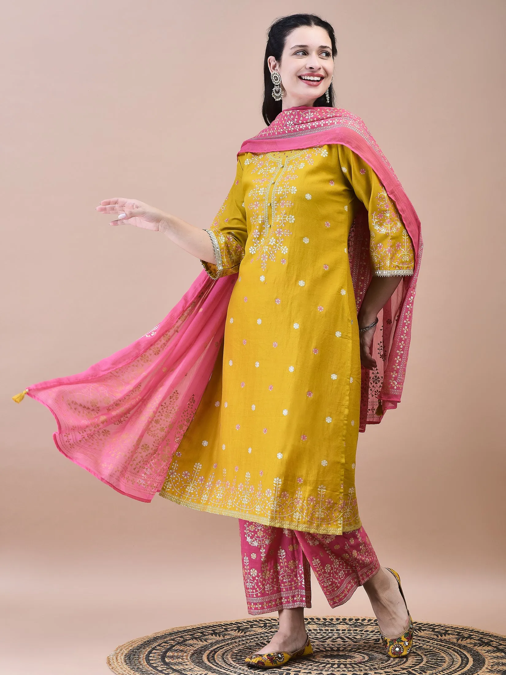 Women Samaira Mustard Ornamental Print Kurta Comfort Pant Dupatta