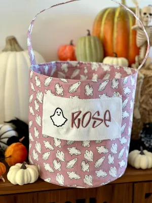 Woodrose Ghost Trick or Treat Bag, Custom Halloween Bucket