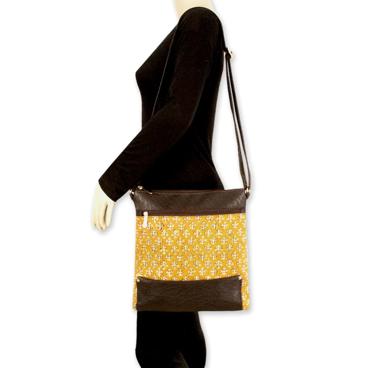 Yellow White Buta Block Printed Messenger Bag