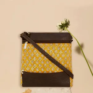 Yellow White Buta Block Printed Messenger Bag